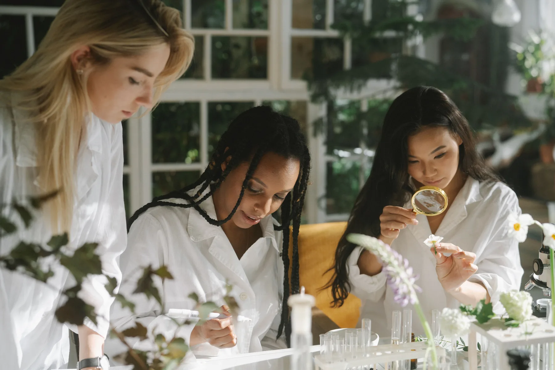 Ein botanisches Team bespricht blühende Pflanzen
